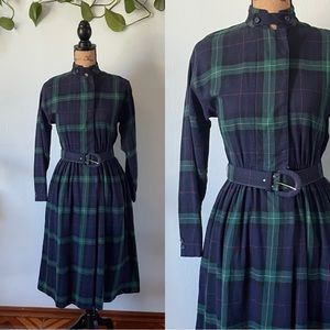 Vintage Navy Green Plaid Fit And Flare Shirt Dress
